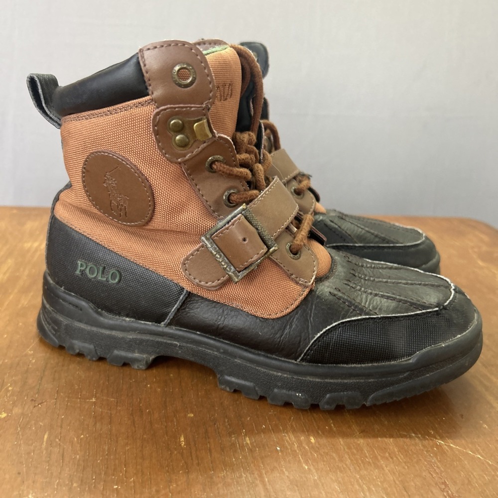 Boys Polo Ralph Lauren Colbey Leather Duck Boots Youth Sz 4 Lace Up Buckle Logo